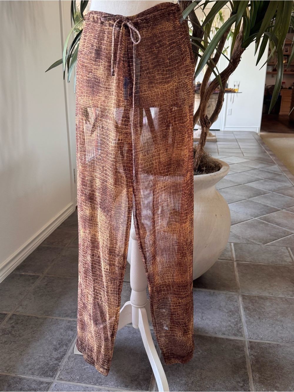 Cherokee Sheer Textured Brown swim coverup pants with Drawstring Waist; S NWT